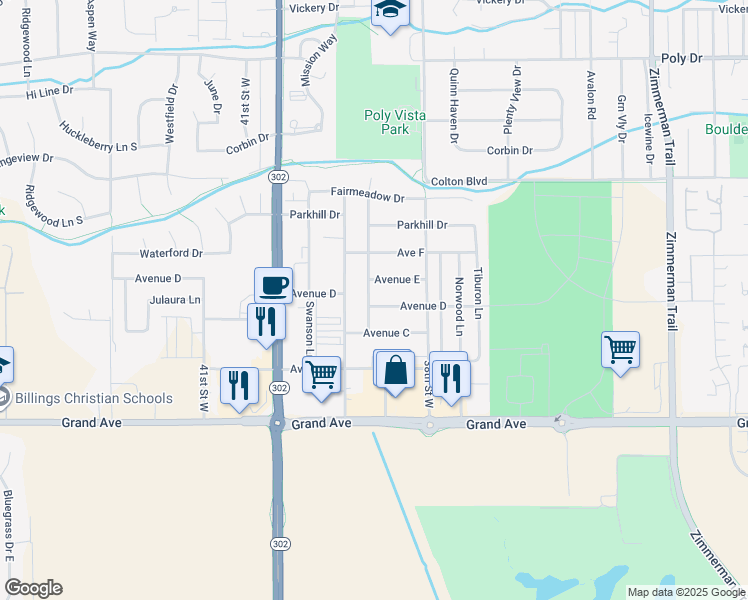 map of restaurants, bars, coffee shops, grocery stores, and more near 3865 Avenue D in Billings