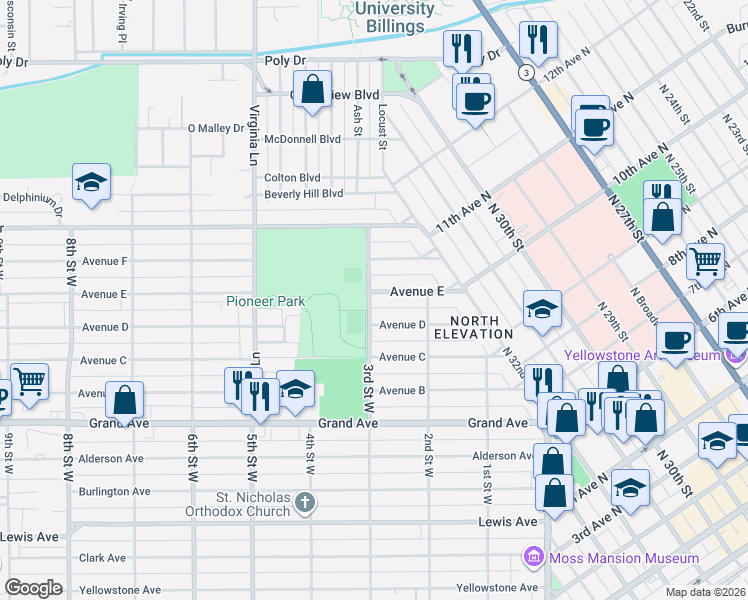map of restaurants, bars, coffee shops, grocery stores, and more near 1715 3rd Street West in Billings