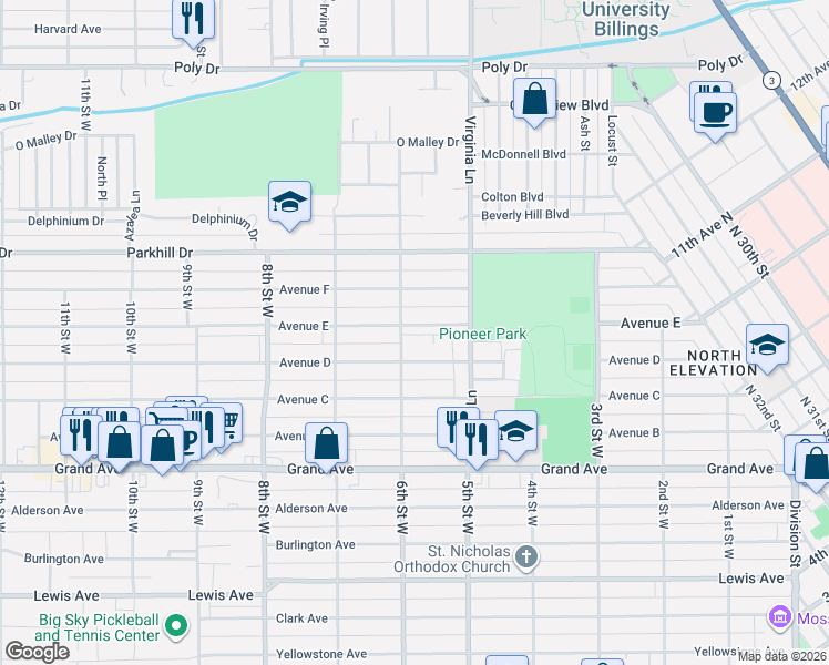 map of restaurants, bars, coffee shops, grocery stores, and more near 531 Avenue D in Billings