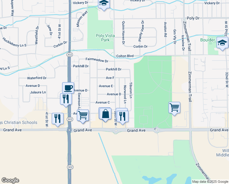 map of restaurants, bars, coffee shops, grocery stores, and more near 3803 Avenue D in Billings