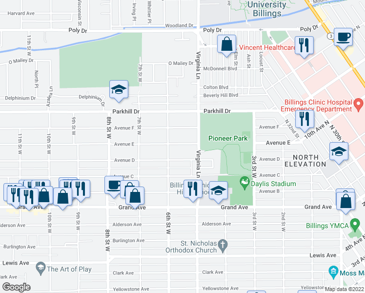 map of restaurants, bars, coffee shops, grocery stores, and more near 526 Avenue E in Billings