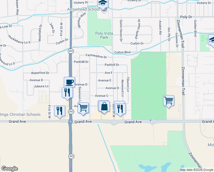 map of restaurants, bars, coffee shops, grocery stores, and more near 3825 Avenue D in Billings