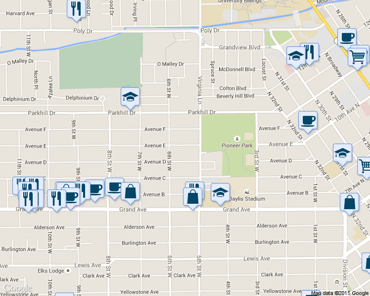 map of restaurants, bars, coffee shops, grocery stores, and more near 531 Avenue D in Billings