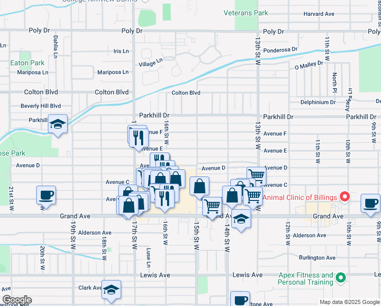map of restaurants, bars, coffee shops, grocery stores, and more near 1537 Avenue D in Billings