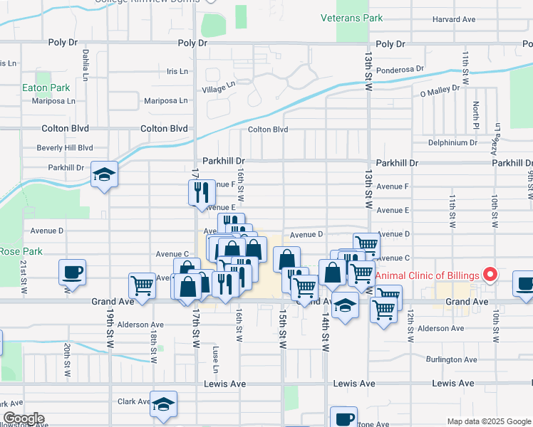 map of restaurants, bars, coffee shops, grocery stores, and more near 1537 Avenue D in Billings