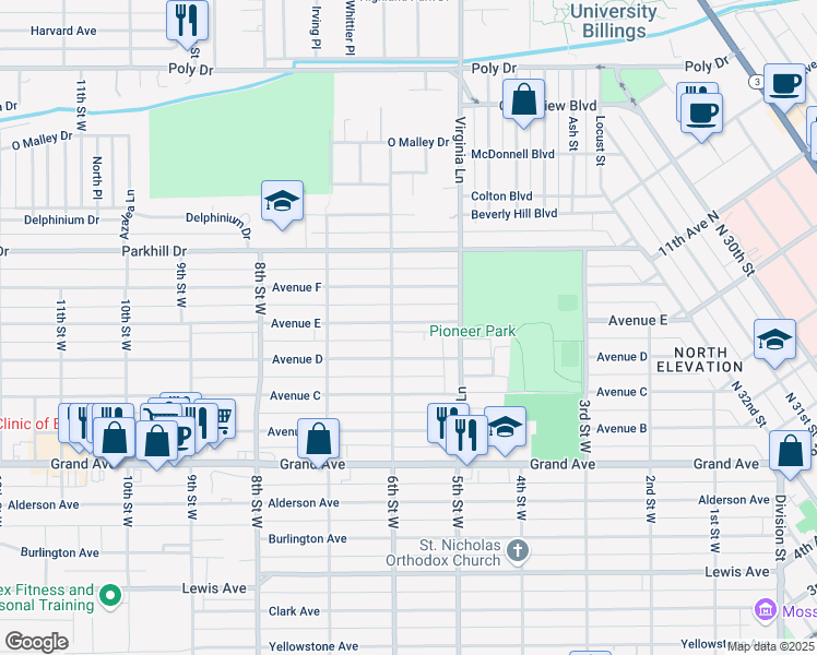 map of restaurants, bars, coffee shops, grocery stores, and more near 536 Avenue E in Billings