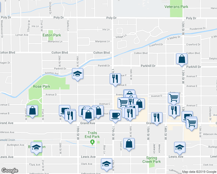 map of restaurants, bars, coffee shops, grocery stores, and more near 1712 Avenue E in Billings