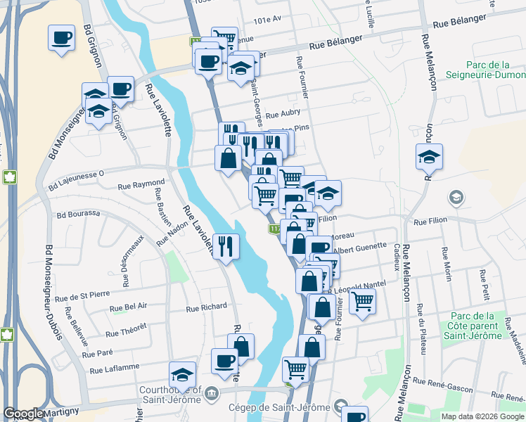 map of restaurants, bars, coffee shops, grocery stores, and more near 778 B Rue Labelle in Saint-Jérôme