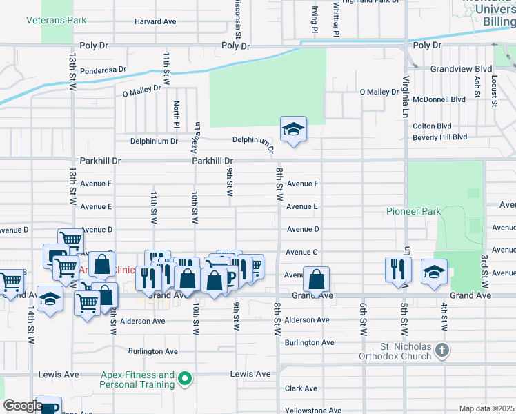 map of restaurants, bars, coffee shops, grocery stores, and more near 825 Avenue D in Billings