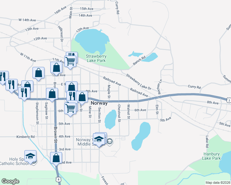 map of restaurants, bars, coffee shops, grocery stores, and more near 701-799 Chestnut St in Norway
