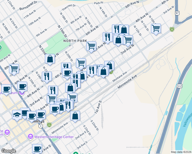 map of restaurants, bars, coffee shops, grocery stores, and more near 1901 1st Avenue North in Billings