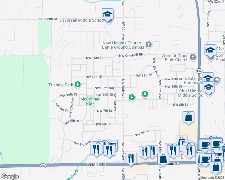 map of restaurants, bars, coffee shops, grocery stores, and more near 2107 Northwest 10th Way in Battle Ground