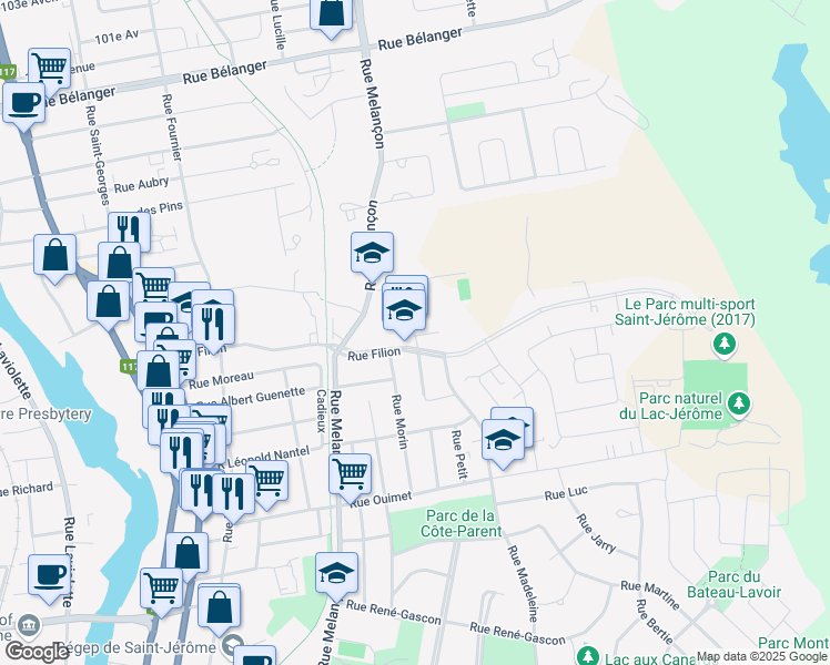 map of restaurants, bars, coffee shops, grocery stores, and more near 535 Rue Filion in Saint-Jérôme