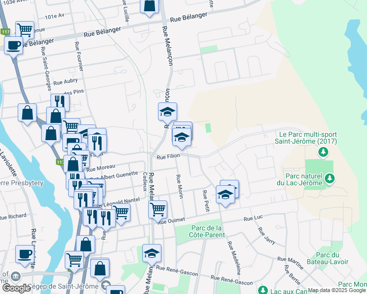 map of restaurants, bars, coffee shops, grocery stores, and more near 535 Rue Filion in Saint-Jérôme