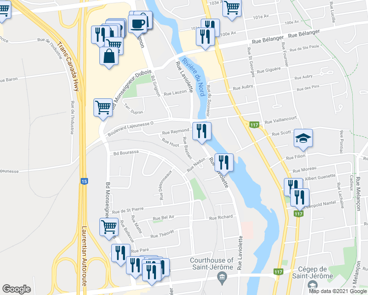map of restaurants, bars, coffee shops, grocery stores, and more near 686 Rue Bastien in Saint-Jérôme