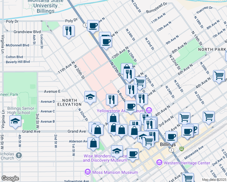 map of restaurants, bars, coffee shops, grocery stores, and more near 801 North 29th Street in Billings