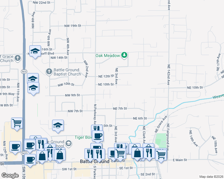map of restaurants, bars, coffee shops, grocery stores, and more near 1407 Northeast 2nd Avenue in Battle Ground