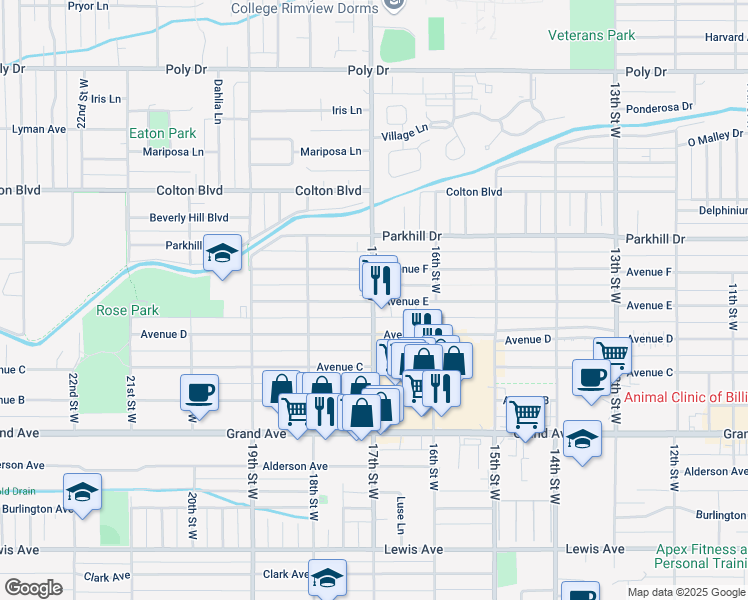 map of restaurants, bars, coffee shops, grocery stores, and more near 1707 Avenue D in Billings