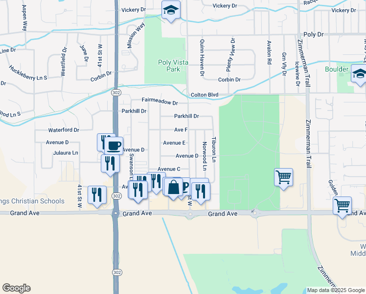 map of restaurants, bars, coffee shops, grocery stores, and more near 3824 Avenue D in Billings