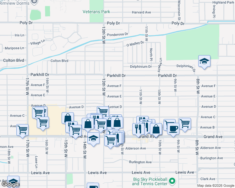 map of restaurants, bars, coffee shops, grocery stores, and more near 1215 Avenue E in Billings