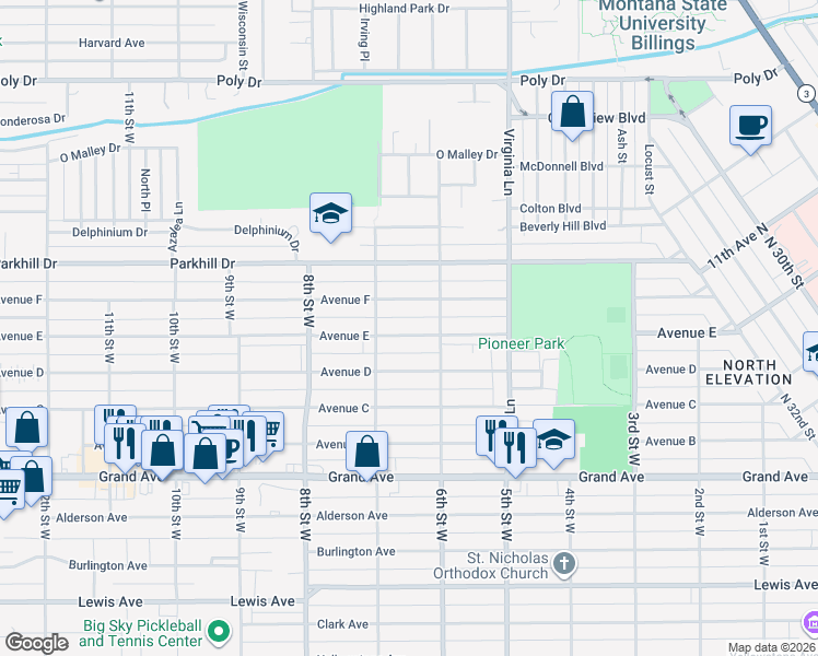 map of restaurants, bars, coffee shops, grocery stores, and more near 636 Avenue E in Billings
