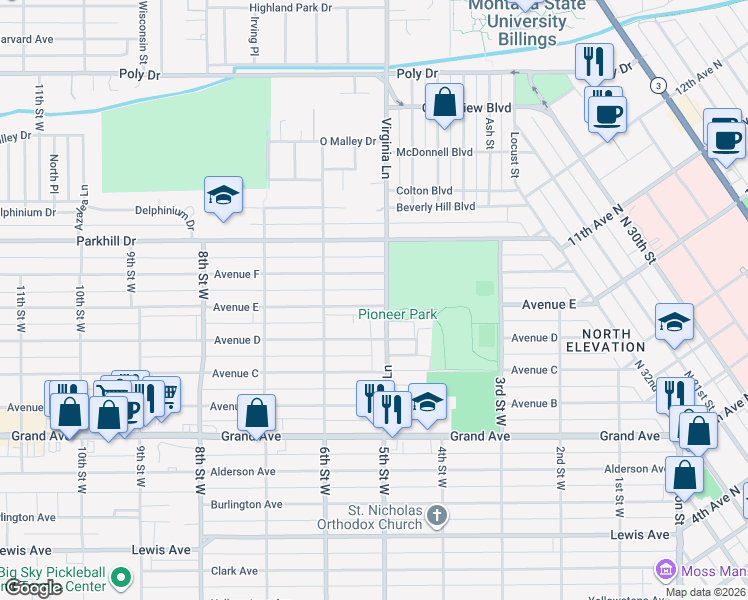 map of restaurants, bars, coffee shops, grocery stores, and more near 1714 Virginia Lane in Billings