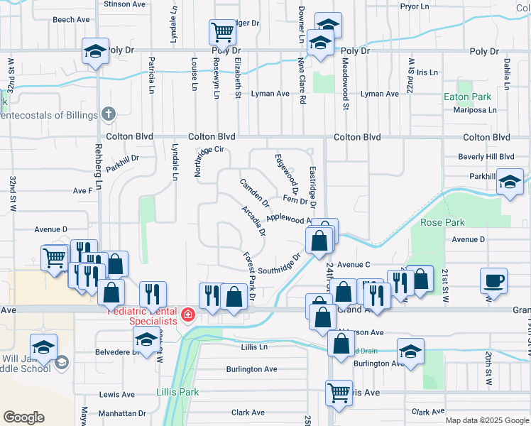 map of restaurants, bars, coffee shops, grocery stores, and more near 1734 Arcadia Dr in Billings