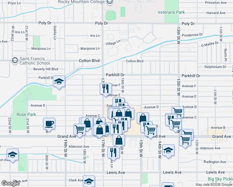 map of restaurants, bars, coffee shops, grocery stores, and more near 1597 Avenue D in Billings