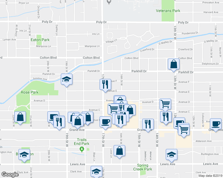 map of restaurants, bars, coffee shops, grocery stores, and more near 1625 Avenue E in Billings