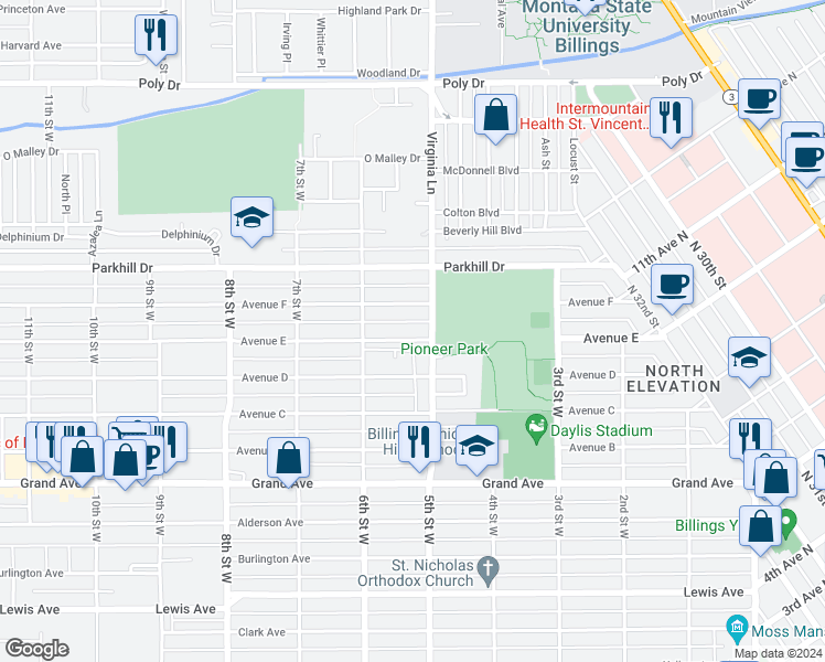 map of restaurants, bars, coffee shops, grocery stores, and more near 511 Avenue E in Billings