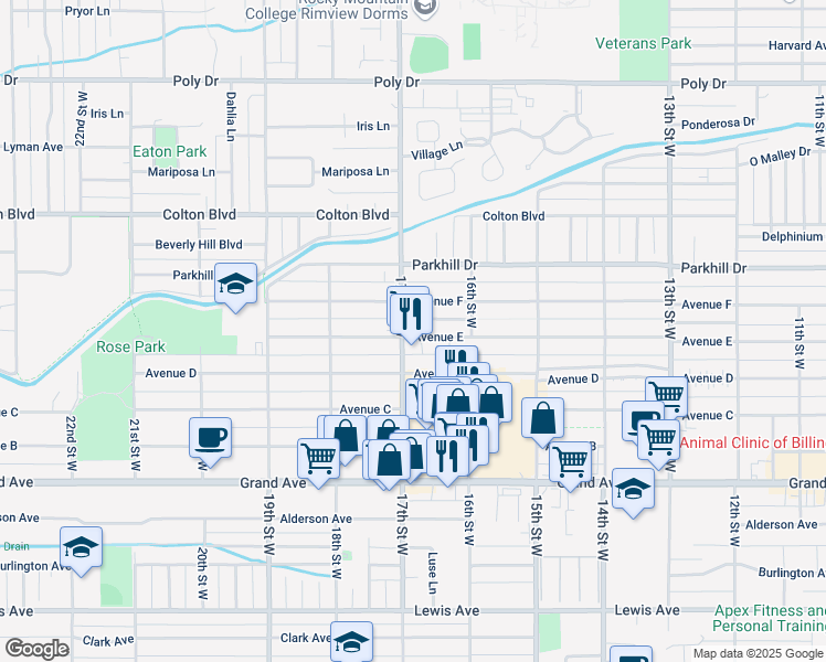 map of restaurants, bars, coffee shops, grocery stores, and more near 1629 Avenue D in Billings