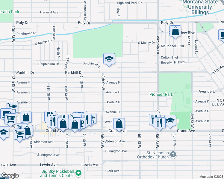 map of restaurants, bars, coffee shops, grocery stores, and more near 713 Avenue D in Billings