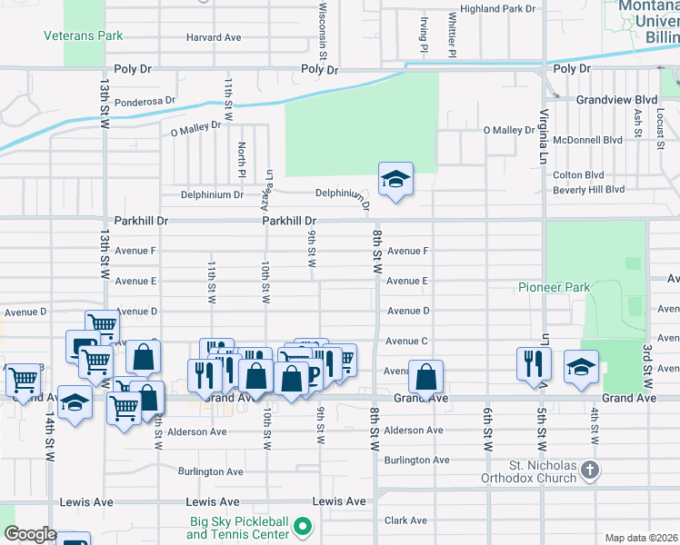 map of restaurants, bars, coffee shops, grocery stores, and more near 825 Avenue D in Billings