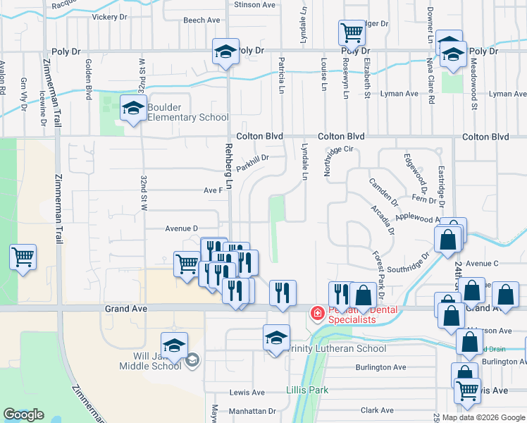 map of restaurants, bars, coffee shops, grocery stores, and more near 1710-1716 Westwood Drive in Billings
