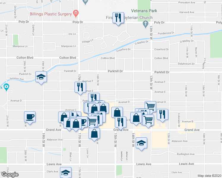 map of restaurants, bars, coffee shops, grocery stores, and more near 1509 Avenue E in Billings