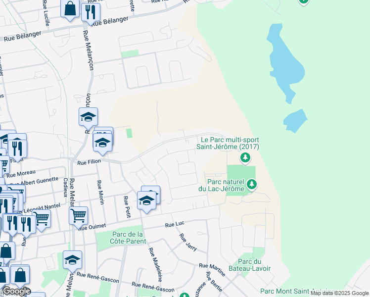 map of restaurants, bars, coffee shops, grocery stores, and more near 712 Rue Joseph Fortier in Saint-Jérôme