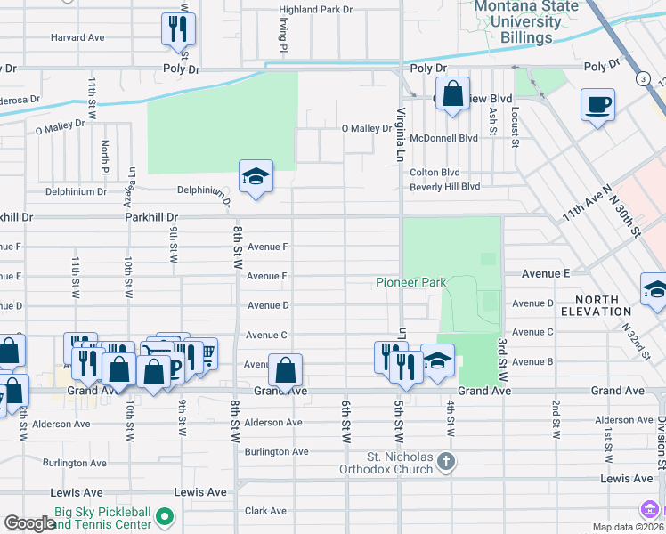 map of restaurants, bars, coffee shops, grocery stores, and more near 608 Avenue E in Billings