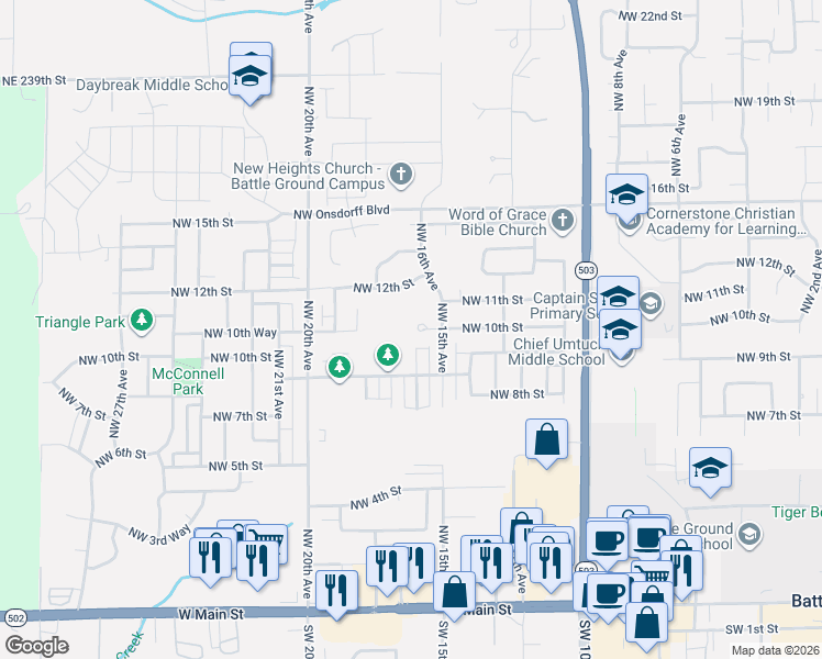 map of restaurants, bars, coffee shops, grocery stores, and more near 1510 Northwest 10th Circle in Battle Ground