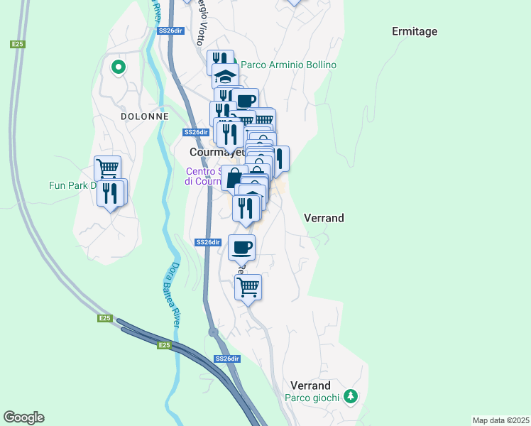 map of restaurants, bars, coffee shops, grocery stores, and more near 132 Via Roma in Courmayeur
