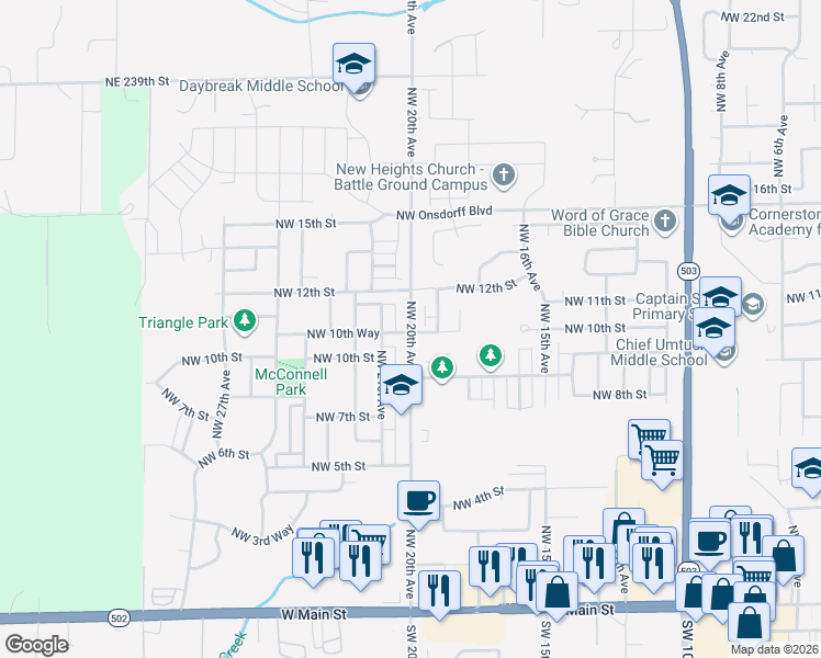 map of restaurants, bars, coffee shops, grocery stores, and more near 1901 Northwest 20th Avenue in Battle Ground