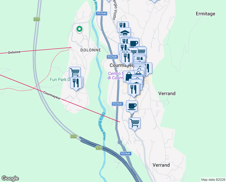 map of restaurants, bars, coffee shops, grocery stores, and more near 19 Strada Margherita in Courmayeur