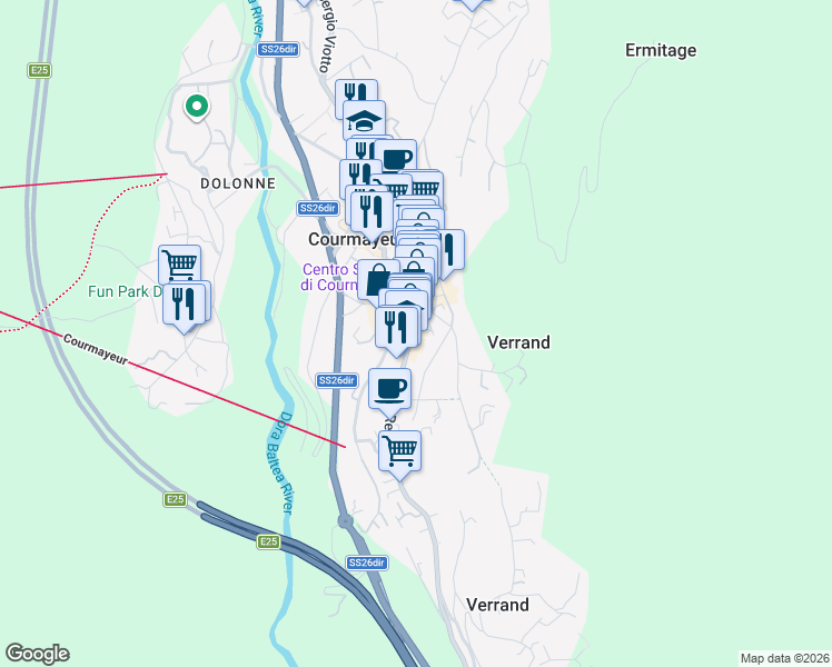 map of restaurants, bars, coffee shops, grocery stores, and more near 132 Via Roma in Courmayeur