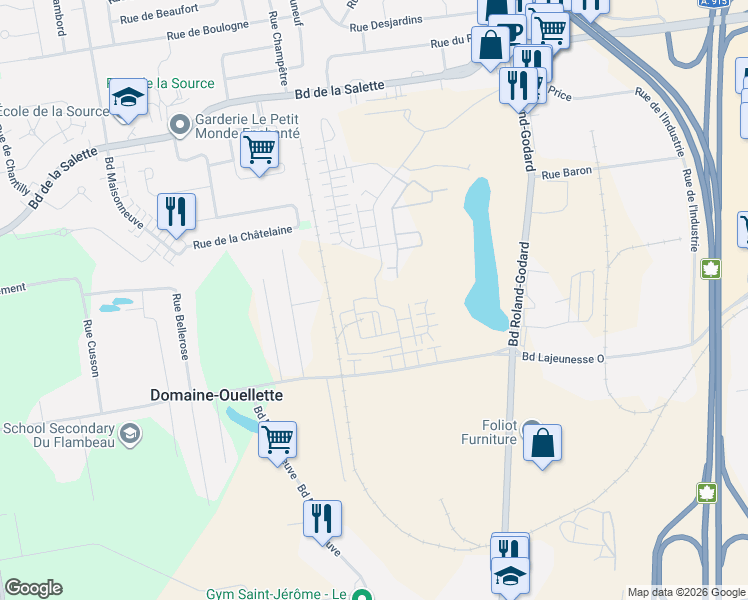 map of restaurants, bars, coffee shops, grocery stores, and more near 233 Rue Jean-Paul-Riopelle in Saint-Jérôme