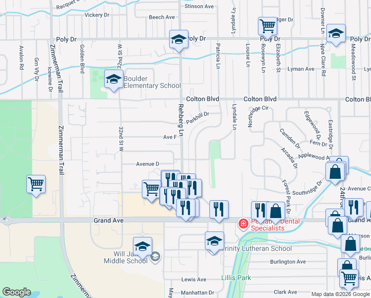 map of restaurants, bars, coffee shops, grocery stores, and more near 1904 Patricia Lane in Billings