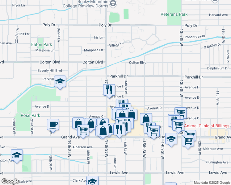 map of restaurants, bars, coffee shops, grocery stores, and more near 1628 Avenue F in Billings