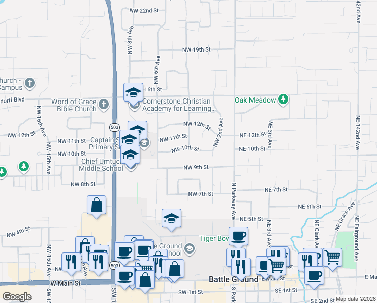 map of restaurants, bars, coffee shops, grocery stores, and more near 315 Northwest 10th Street in Battle Ground