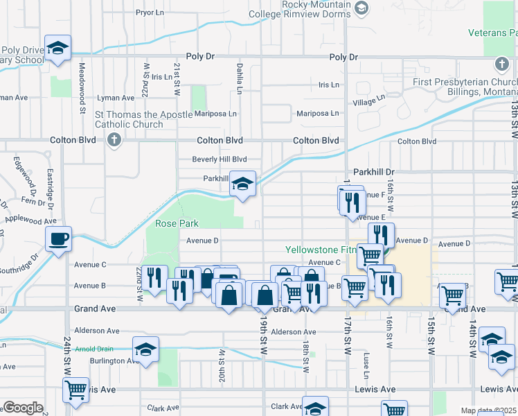 map of restaurants, bars, coffee shops, grocery stores, and more near 1812 19th Street West in Billings