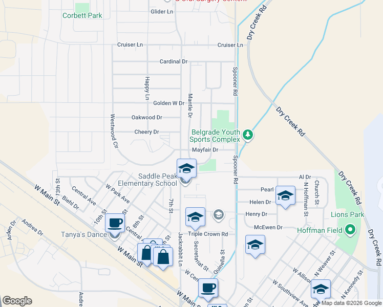 map of restaurants, bars, coffee shops, grocery stores, and more near 603 Mantle Drive in Belgrade