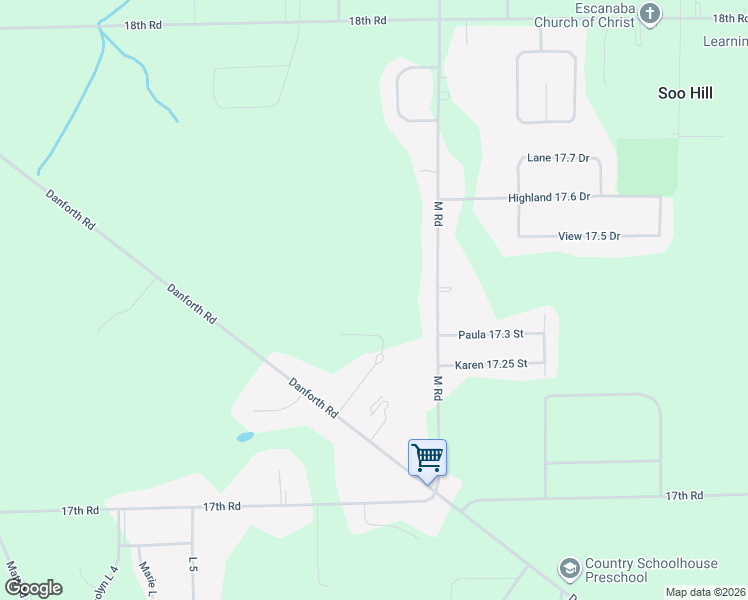 map of restaurants, bars, coffee shops, grocery stores, and more near Hilltop L 72 in Escanaba