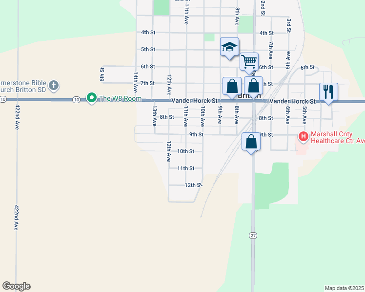map of restaurants, bars, coffee shops, grocery stores, and more near 11th Ave in Britton